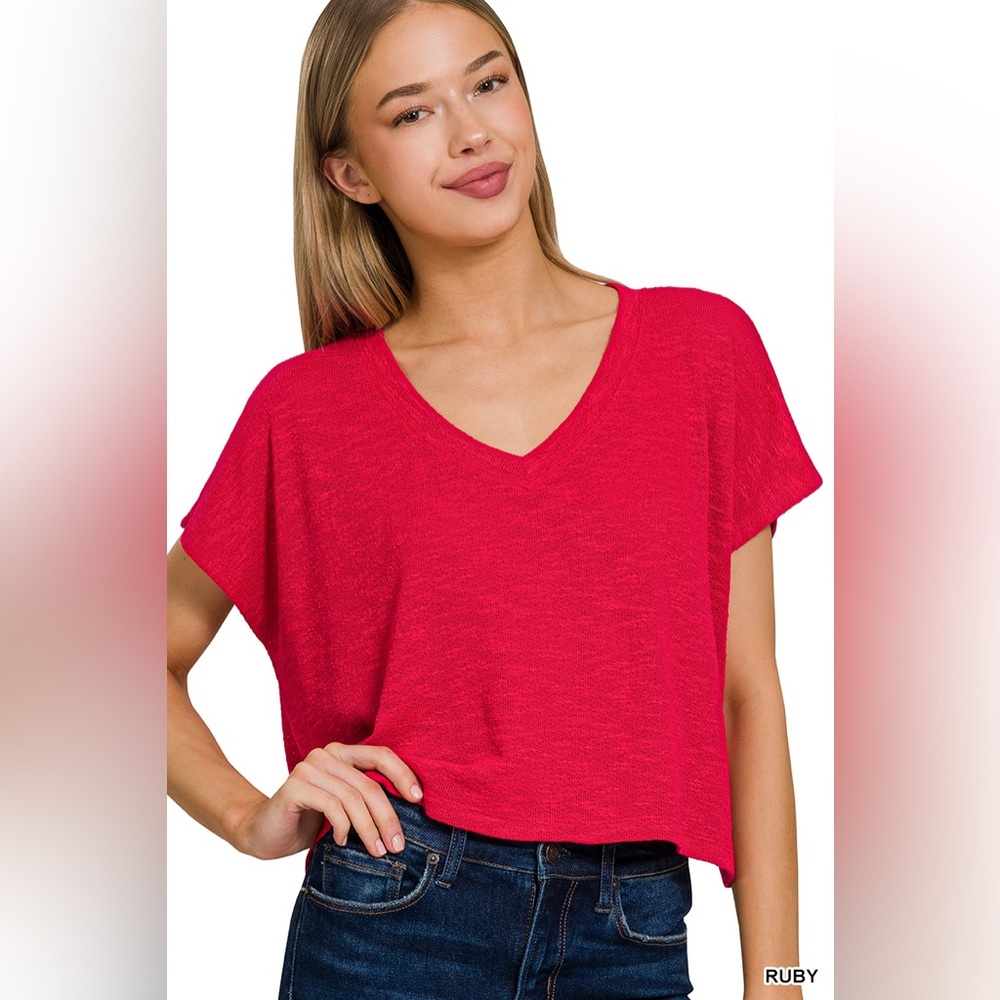 NWT ZENANA V-NECK DROP SHOULDER SLUB HACCI CROP TOP